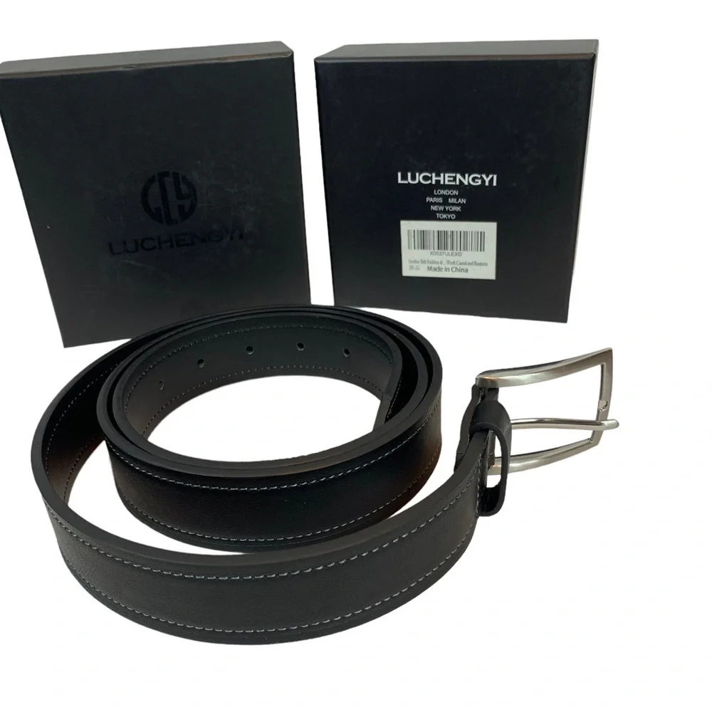 LCG LUCHENGYI Genuine Leather Dress Belt Classic Casual Single Prong Buckle- Blk